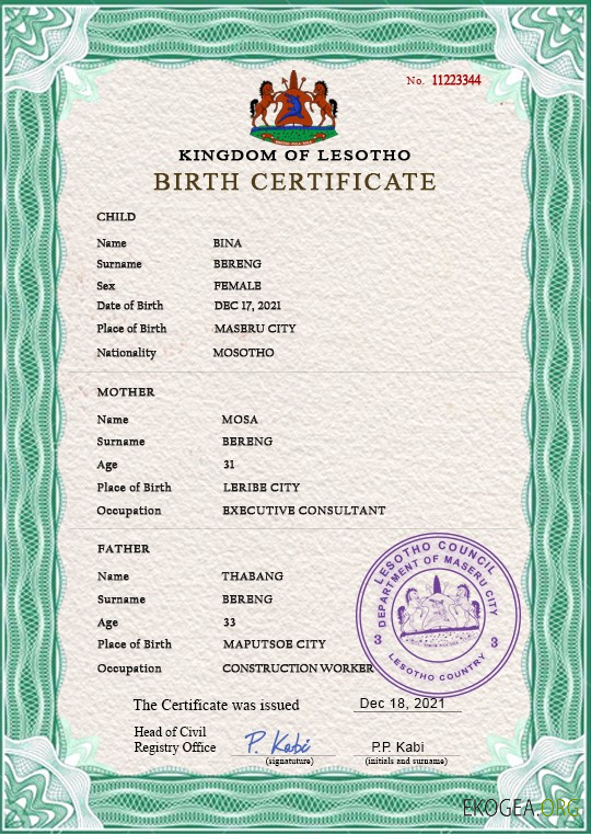 Modèle PSD de certificat de naissance de l'état civil du Lesotho